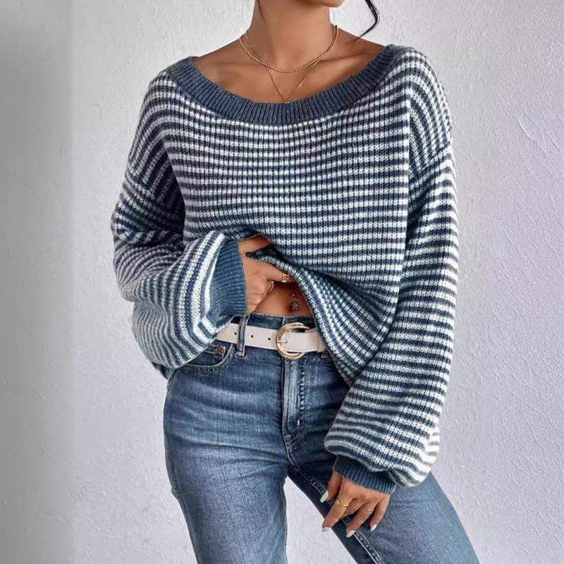 Off The Shoulder Striped Sweater Women Autumn Winter Fashion Loose Soft Neckline Casual Knitted Sweaters