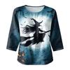 Women's Casual Halloween Print Round Neck Three Quarter Sleeve Linen Cotton Blend Top with Relaxed Fit and Comfortable Fabric Suitable for Daily Wear