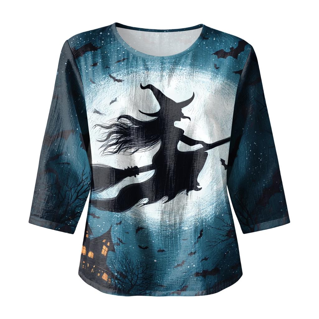Women's Casual Halloween Print Round Neck Three Quarter Sleeve Linen Cotton Blend Top with Relaxed Fit and Comfortable Fabric Suitable for Daily Wear