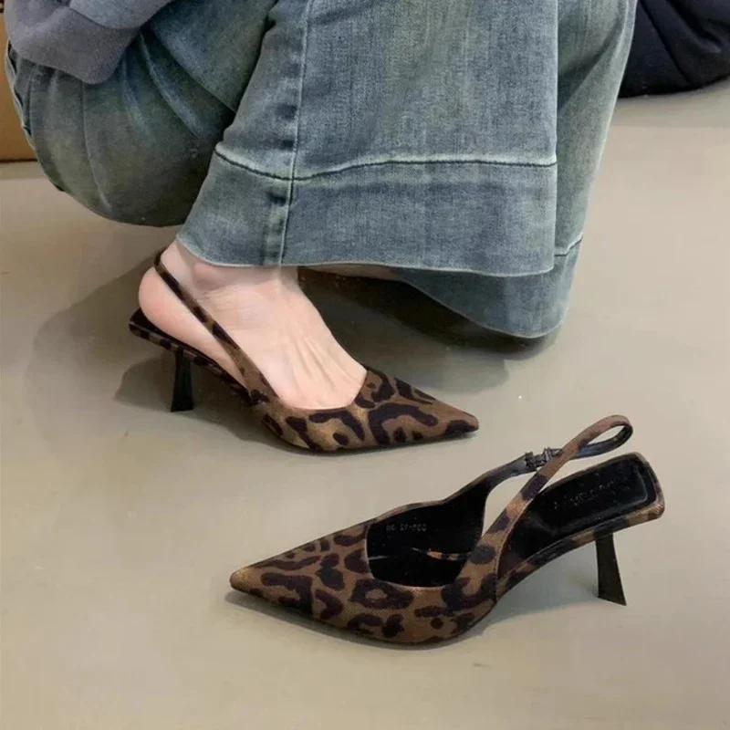 Fashion Leopard High Heels Shoes Women Sandals Pointed Toe Dress Party Shoes Designer New Mules Slippers Summer Sexy Pumps Zapatos Mujer