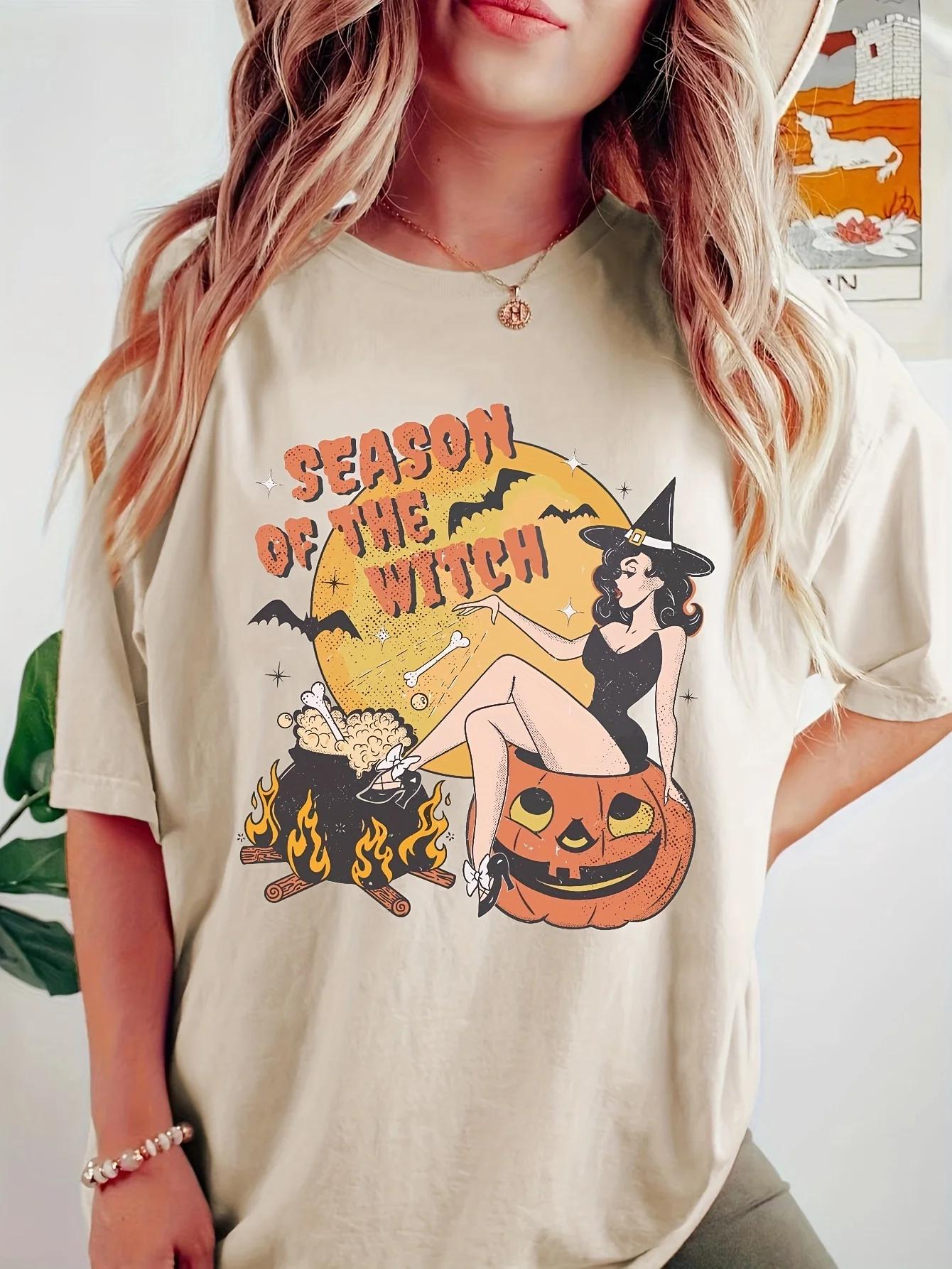 

Womens Vintage Season of the Witch Graphic TShirt Casual Spooky Horror Printed Tee for Fall Parties And Halloween S