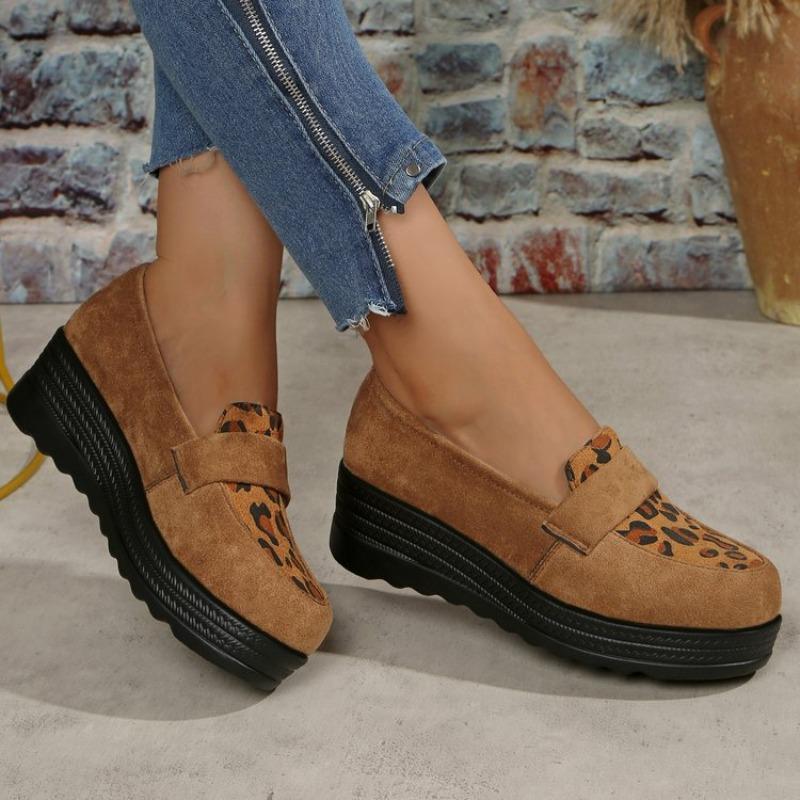 Women's Plus Size Leopard Print Suede Loafers, Block Heel Slip-On Casual Shoes