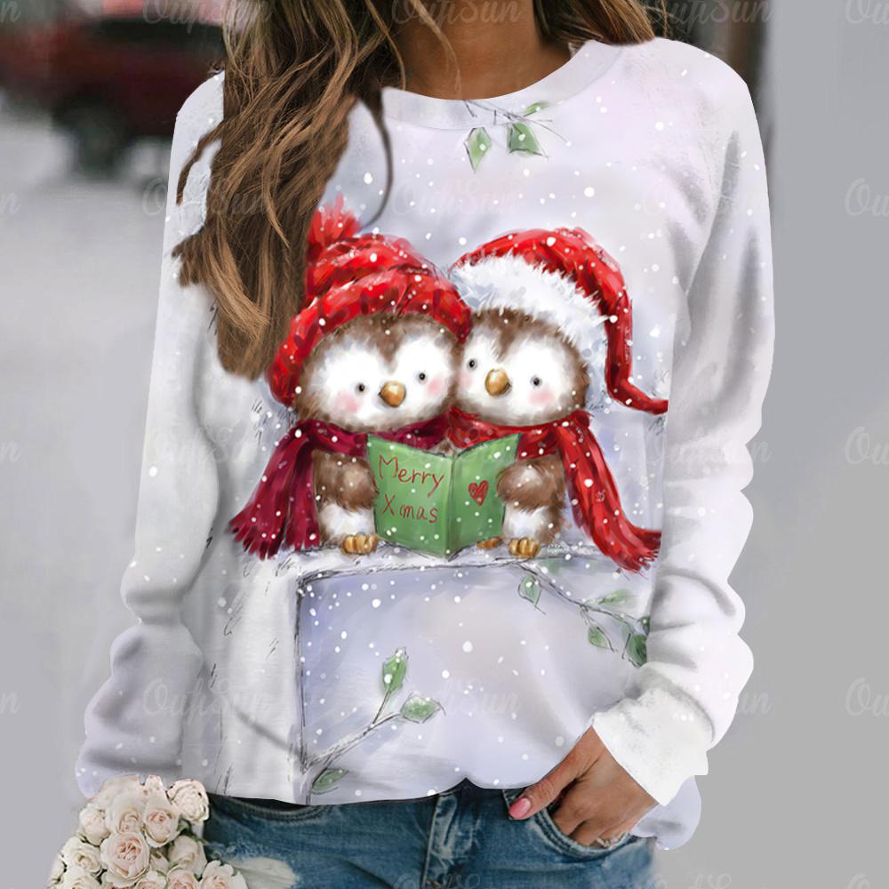 Cartoon Owl Pattern Cotton T-Shirt For Women Christmas Style Long Sleeve Tops Autumn O Neck Oversized Pullover Harajuku Sweater