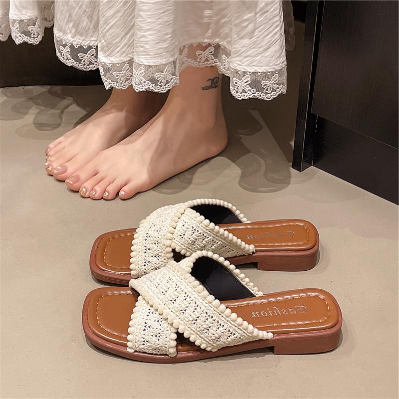 Fashion Shoes Summer Clogs Woman Female Slippers Square Toe Slides Beach 2025 Flat Retro Beach Shoes Woman's Slippers Slides Square Toe