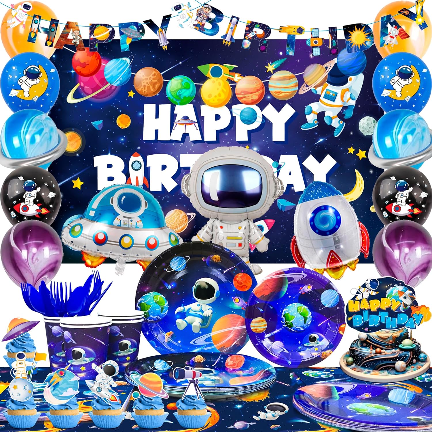 Space Birthday Party Decorations,118pcs Space Birthday Decorations Outer Space Birthday Tableware Set Outer Space Birthday Party Plates Tablecloth