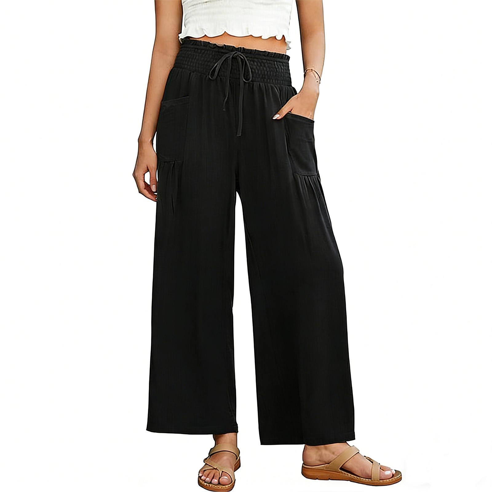 

Women s loose wide-leg pants, casual cotton-linen loose pants L чёрный