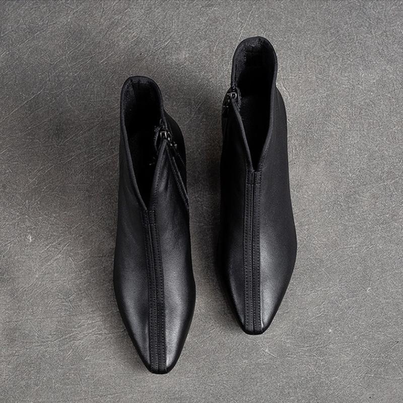 Johnature High Heel Pointed Toe Women Boots Vintage Genuine Leather Versatile Temperament Lady Shoes