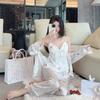 New Women's 3-Piece Ice Silk Pajama Set: Lace Camisole, Long-Sleeve Top, and Floral Homewear with Chest Pads
