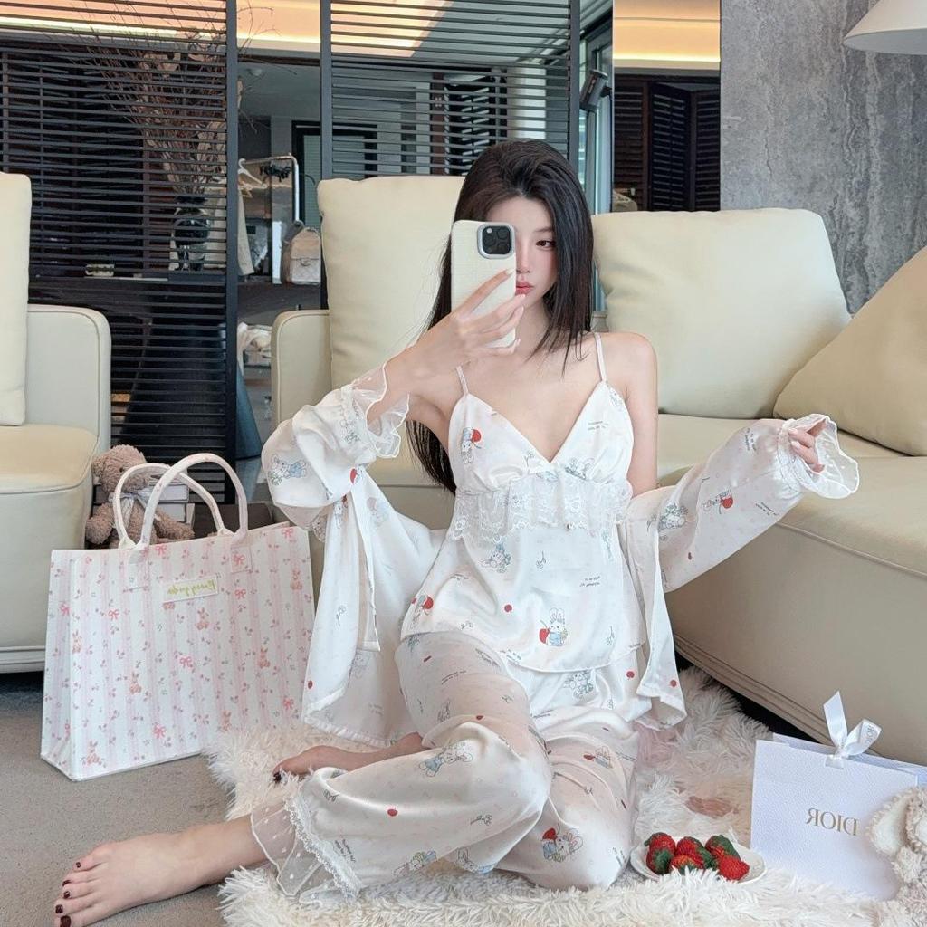 New Women's 3-Piece Ice Silk Pajama Set: Lace Camisole, Long-Sleeve Top, and Floral Homewear with Chest Pads