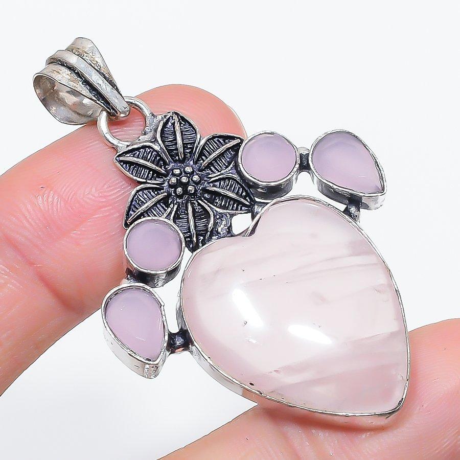 Natural Rose Quartz, Chalcedony 925 Sterling Silver Jewelry Pendant 2.21" y9W17