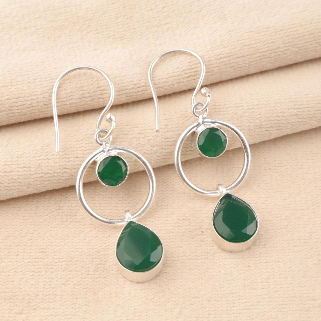 Natural Green Onyx Gemstone 925 Sterling Silver Jewelry Handmade Earrings 2.0" EE-140-9