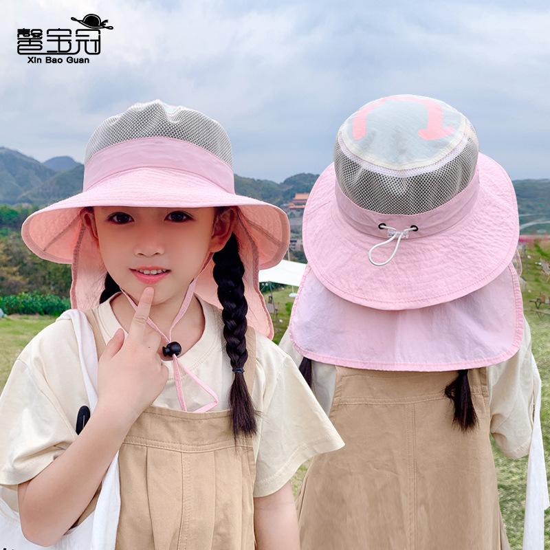 1147 Children's Hats Summer Boys and Girls Outdoor Sun Protection Sun Hat Big Brim Shawl Shading Breathable Bucket Hat