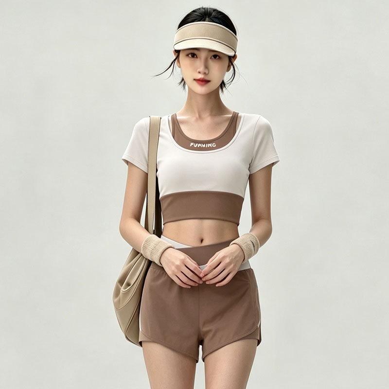 Contrasting color splicing yoga suit women's high waist shorts short sleeves professional Pilates training sportswear
