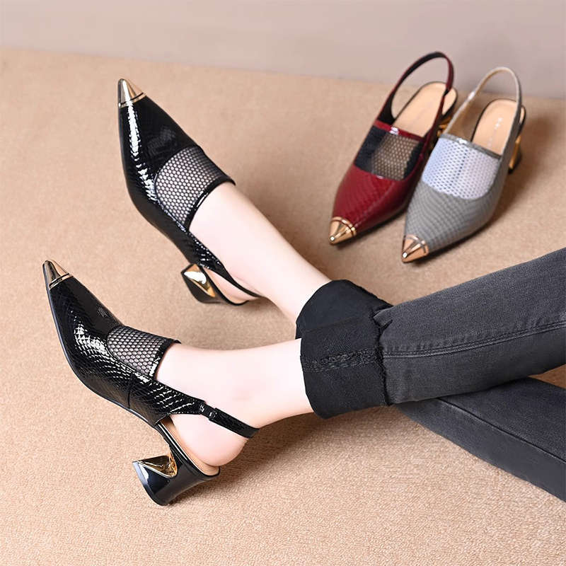 Pointed Back Empty Bag Head Sandals Women's Summer New Temperament Thick Heel Single Shoes Hollow Mesh High Heels