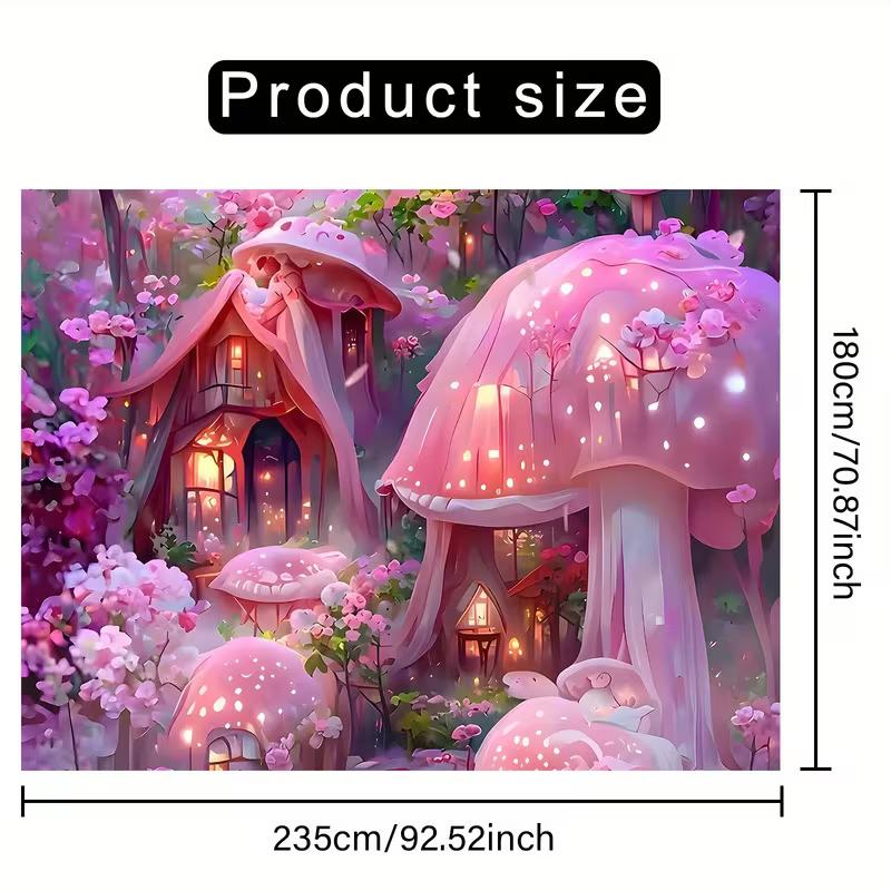 2D Glowing Pink Mushroom Cottages Flat Printing Backdrop with Magical Forest