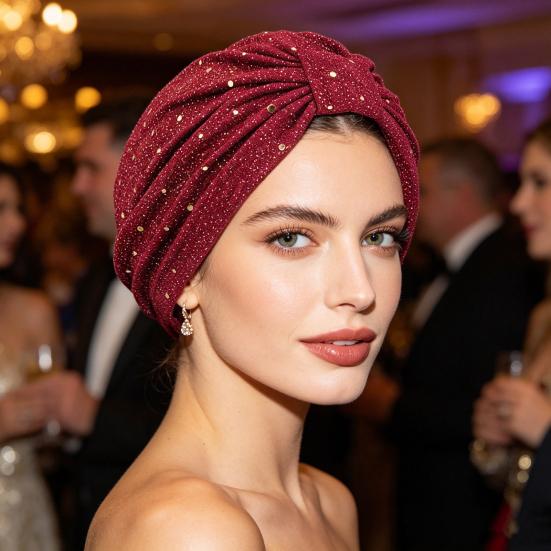 Turban Hat for Women, Sequined Crepe Fabric Headwrap, Ethnic Style Knotted Front Headwrap for All Face Shapes