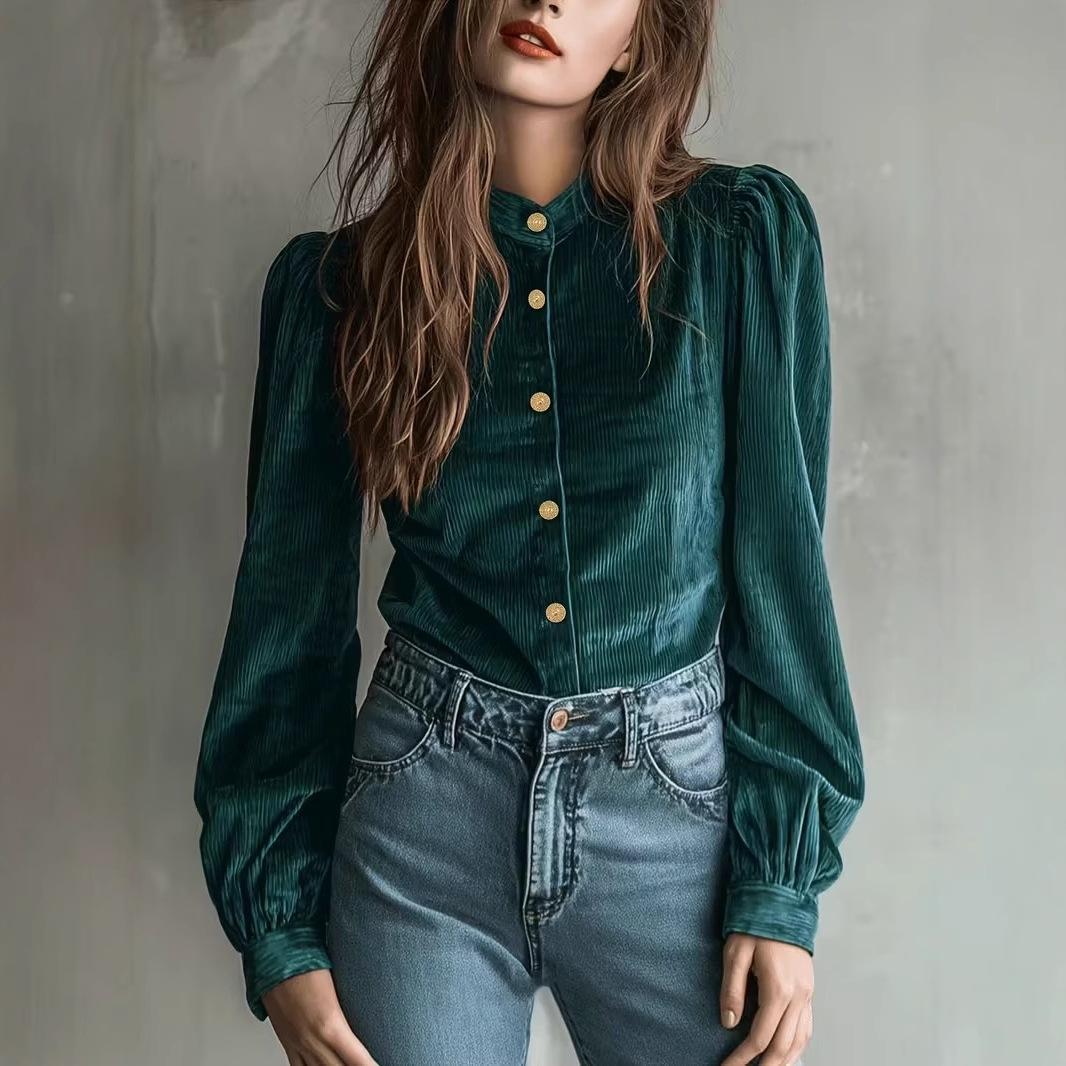 2025 Autumn/Winter Elegant French Chic Long-Sleeved Shirt M зелёный