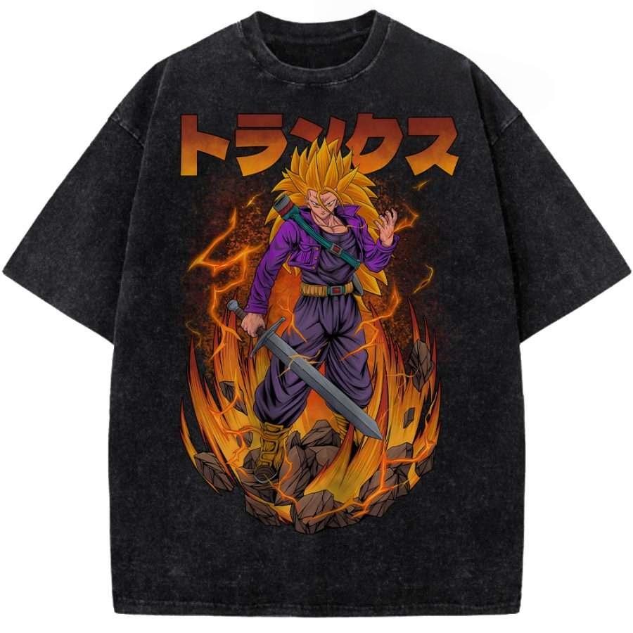 Dragon Ball Trunks Flame Printed Tshirt Mens and Womens Washed Tshirt High Quality Vintage Cotton Tshirt Harajuku Tops M