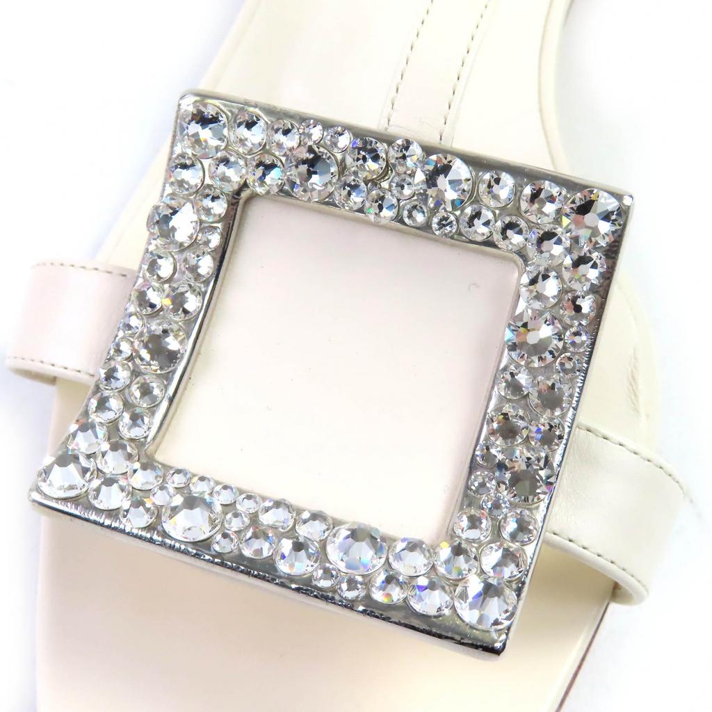 Great ROGER VIVIER Sandals Beaded Ankle with Strap Square Toe Leather Ivory  37 Used