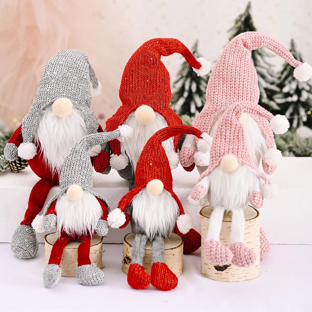 Playful Christmas Figurine Adorable Knitted Hat Old Man Doll With Hanging Legs For Decor