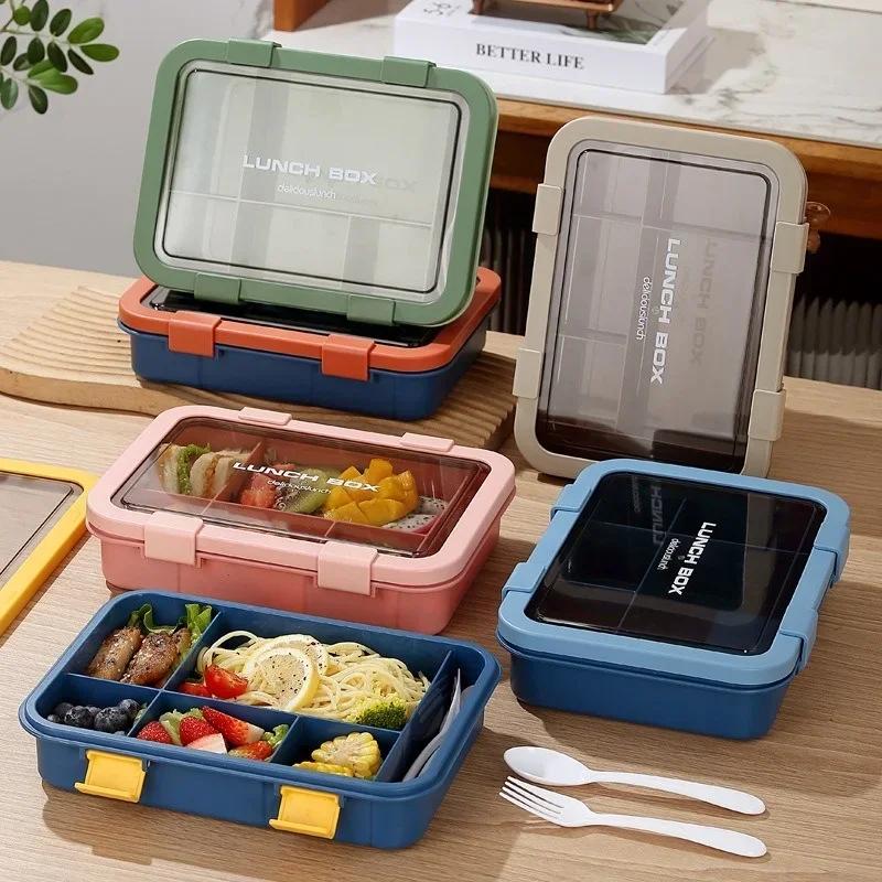 1500ML Portable with Grid Division Lunch Box Kids Students Office Bento Box with Fork and Spoon Microwave Food Storage Container