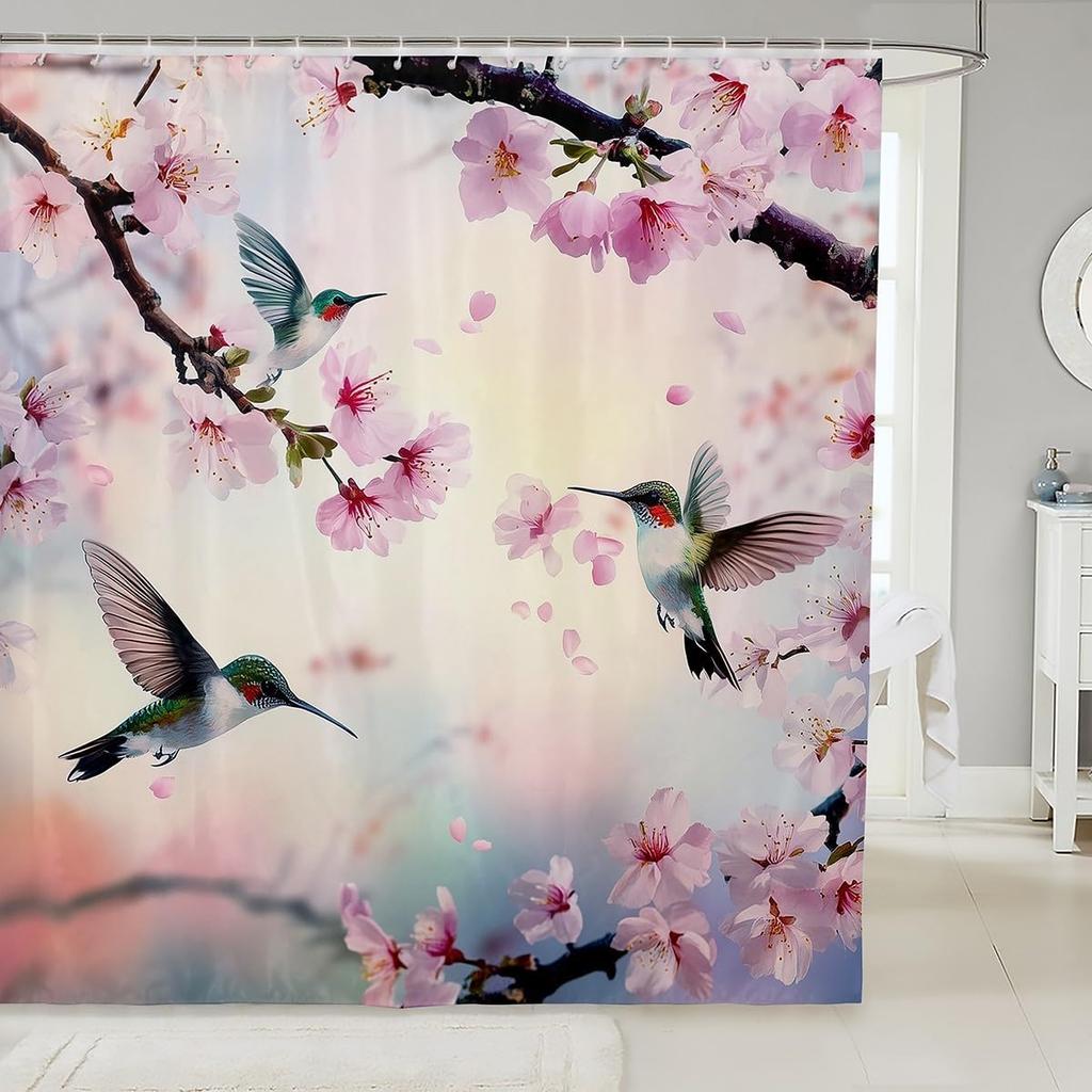 Japanese Style Bathroom Curtain Cherry BlossomShower Curtain for Girls Teen Women,Watercolor Mount Fuji Sakura Animal Aesthetics