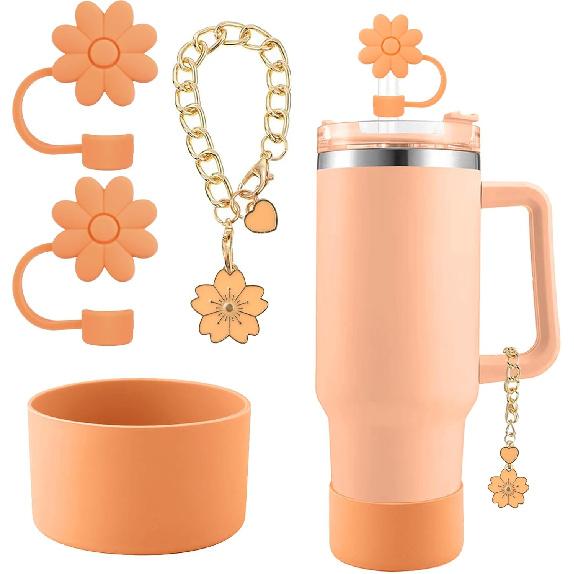 Accessories for Stanley Cup Set,2Pcs Flower Straw Cover Caps 10mm Reble Brown Straw Toppers,1Pcs Cute Handle Charm and 1Pcs Silicone Boot Sleeve for