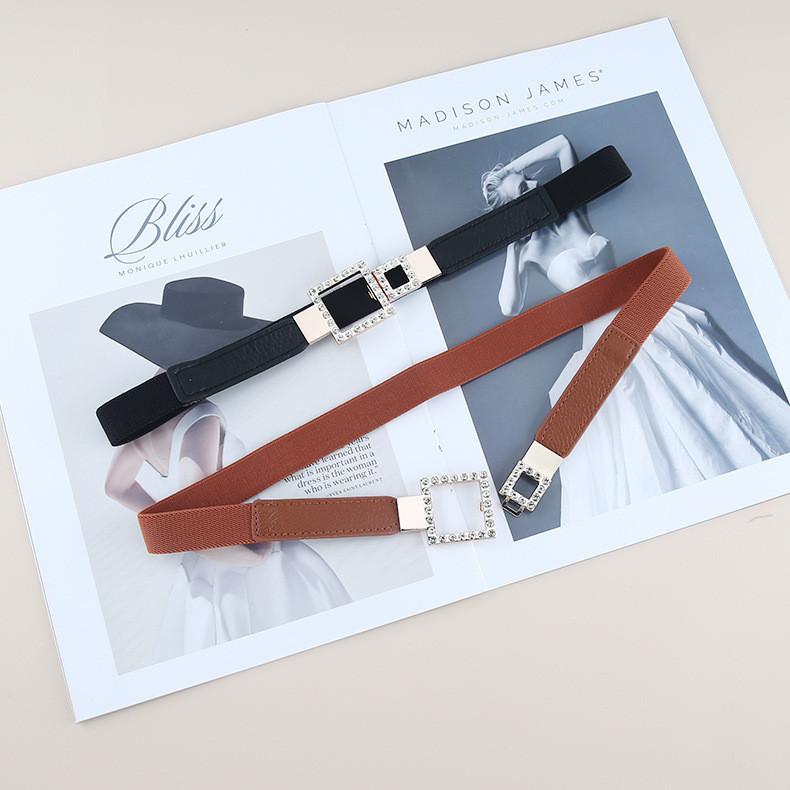 Pu Leather Stretch Waist Seal With Gemstone Embellished Buckle For Ladies