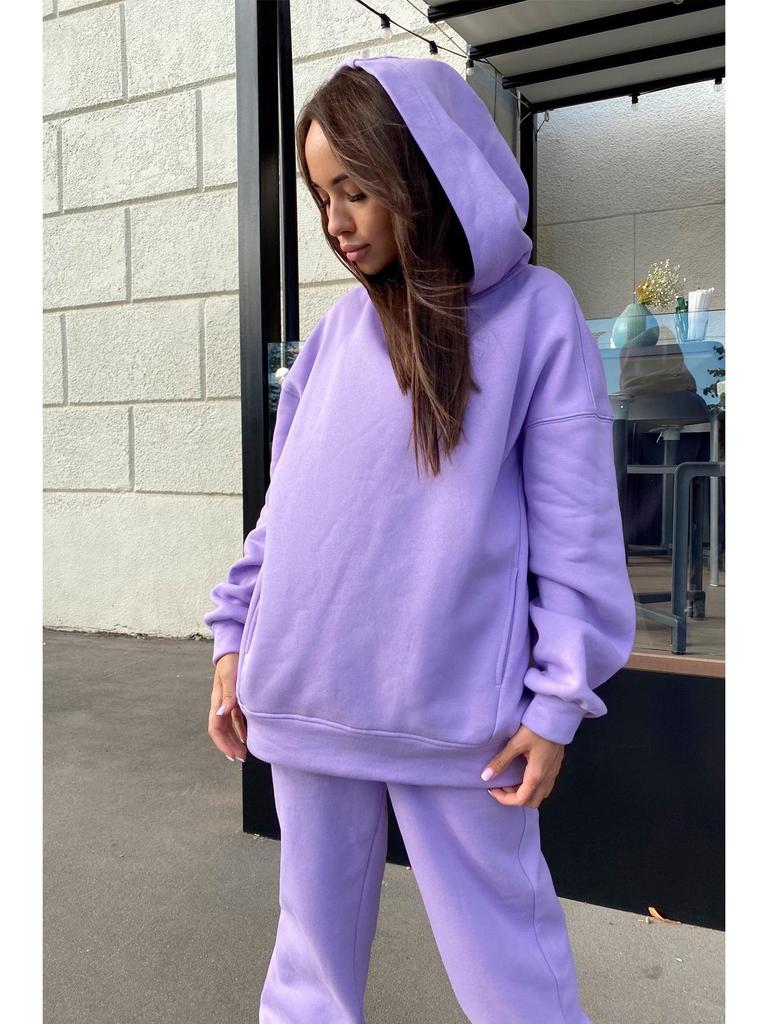 Women's Autumn/Winter Fashion Solid Color Hooded Sweatshirt Casual Two-Piece Set