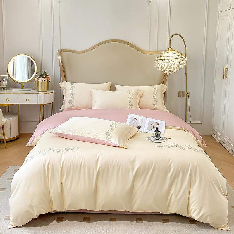 Embroidery Pure Cotton Four-piece Quilt Cover Solid Color Bed Sheet Light Luxury Style Bedding
