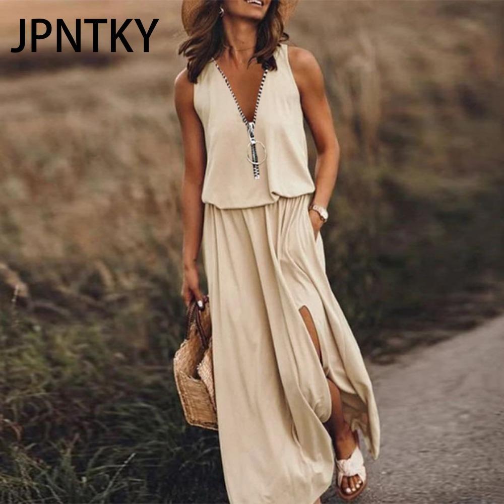 

JPNTKY Летнее женское платье длинное без рукавов повседневное женское платье молния принт букв талия XXXXXL миндальный