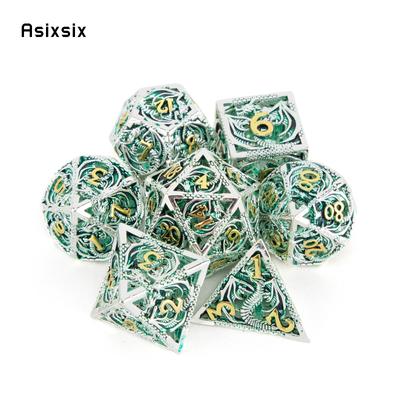 7 peças de dados de metal de dragão verde prateado conjunto de dados poliédricos de metal oco adequados para RPG, jogo de tabuleiro, jogo de cartas