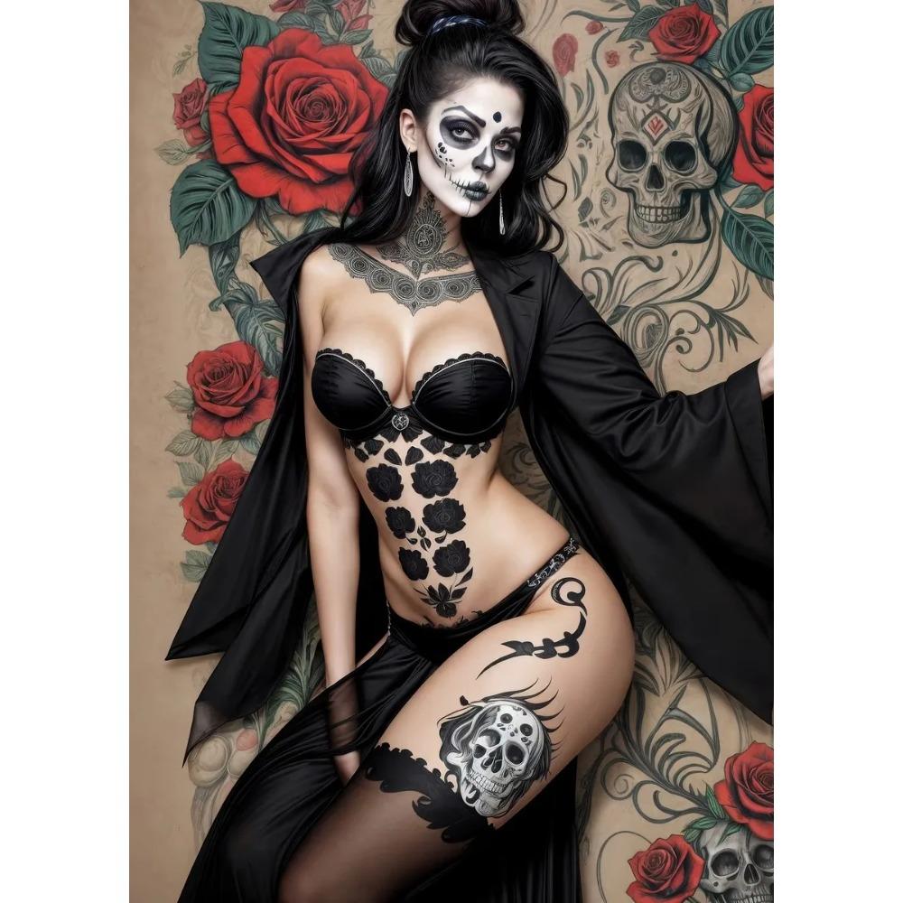Terrifying Los Muertos Sugarskull Girl with Flowers Posters Day of the Dead Prints Canvas Printing Wall Pictures Home Room Decor