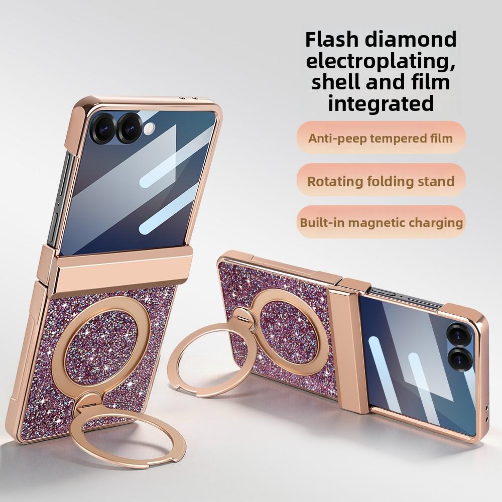 360 Magnetic Stand Hinge Protection Case for Samsung Galaxy Z Flip 8 7 Plating Glitter PU Leather Anti-peeping Glass Film Cover