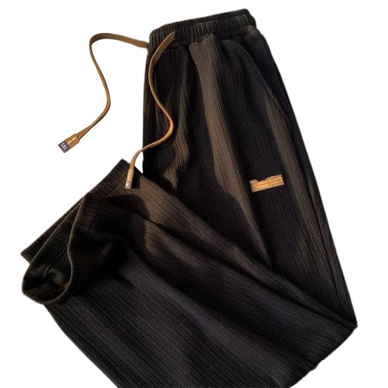 

Mid-rise Elastic Waistband Men Pants Drawstring Pockets Ribbed Fast Drying Summer Ultra-thin Ice Silk Casual Trousers Streetwear 2XL чорний