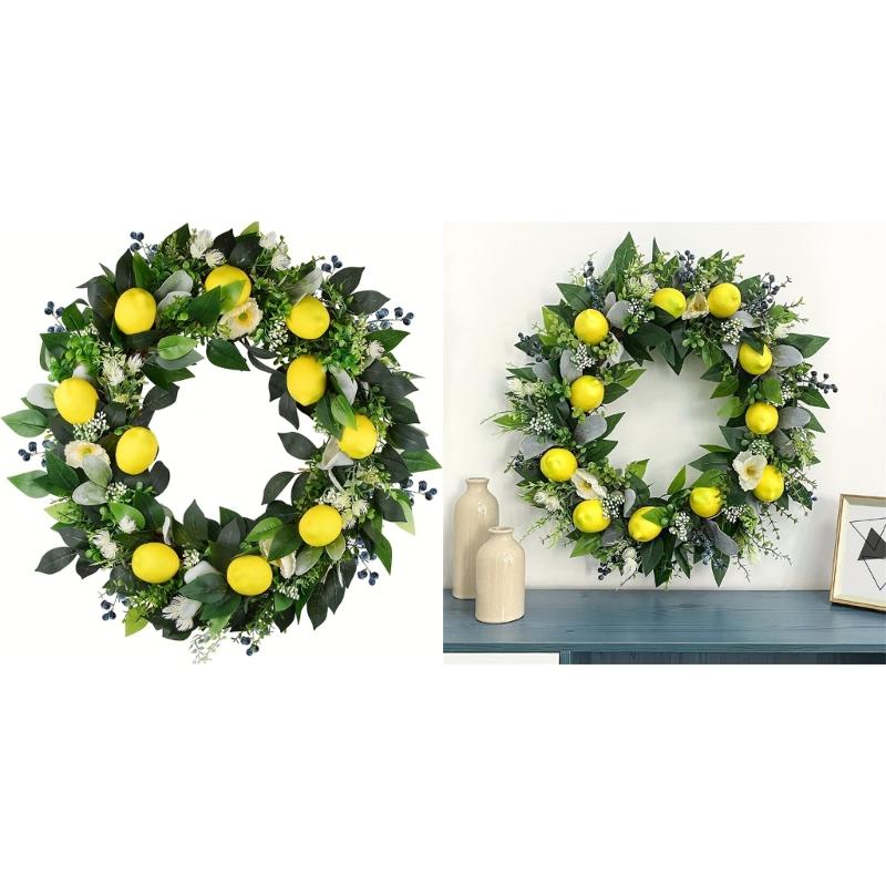 Spring Wreath for Front Door, Window, Wedding Party, Indoor and Outdoor Decorations, Artificial Flower Wreath with Lemon