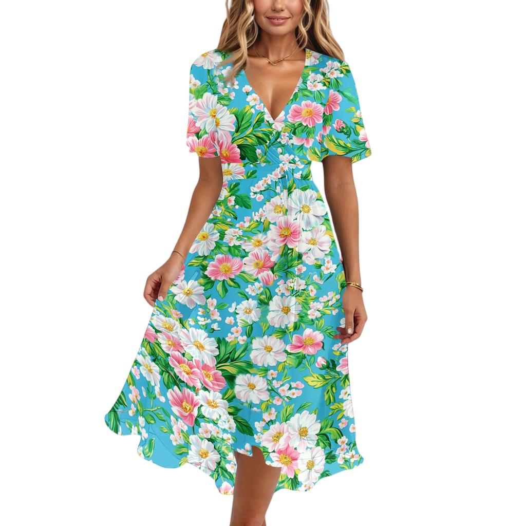 Women's Fashion Casual V Neck Short Sleeve Retro Floral Print Dress Midi Length Lightweight Summer Dress