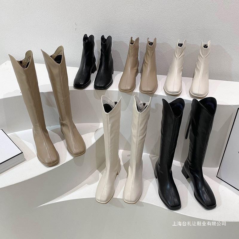 Autumn and winter new Martin boots women's square head mid-heel thick heel short boots versatile rear zipper elastic thin boots