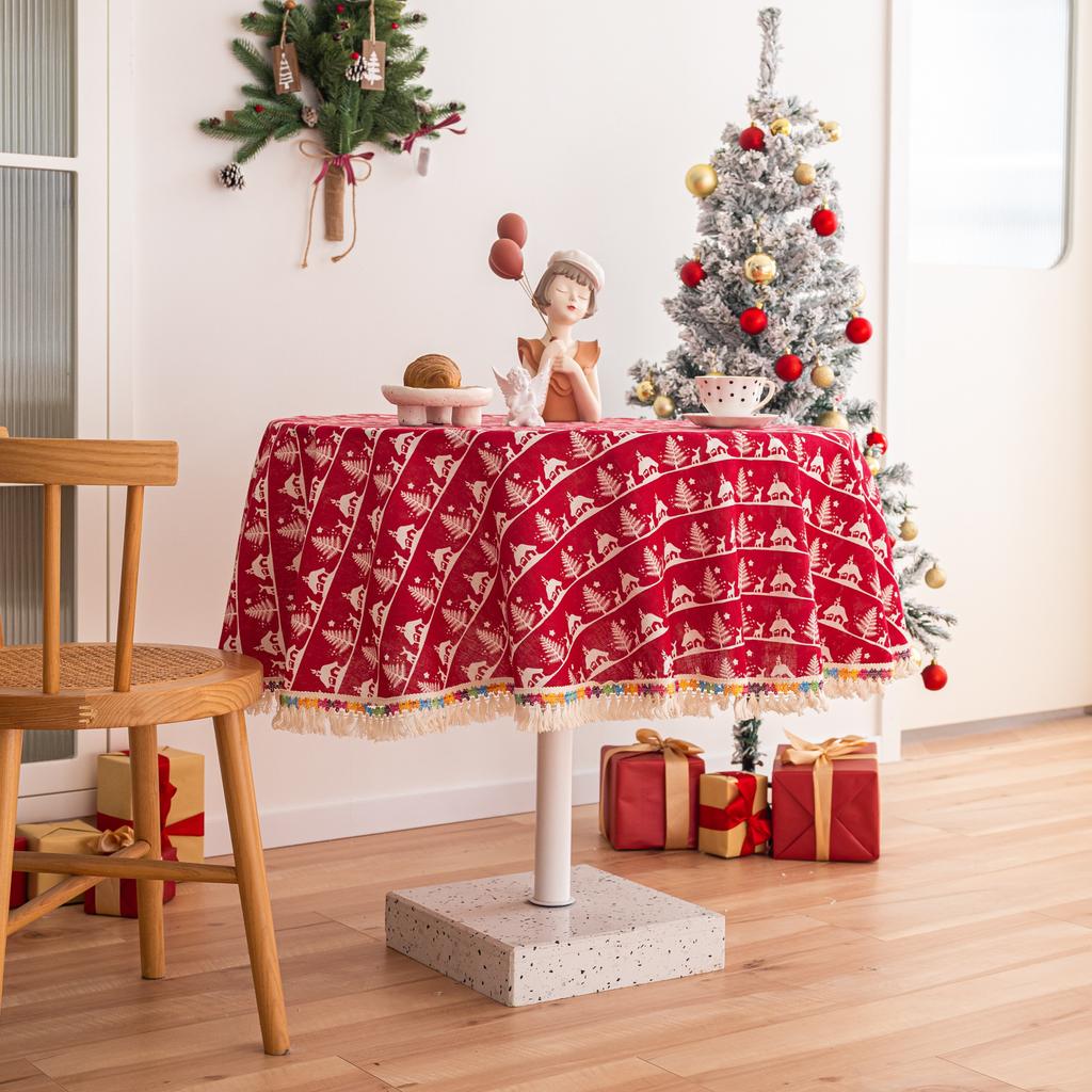 Christmas Round Tablecloth Elk Christmas Tree Printed Rectangular Tablecloth Dining Table Coffee Table Cover Cloth Home Decor
