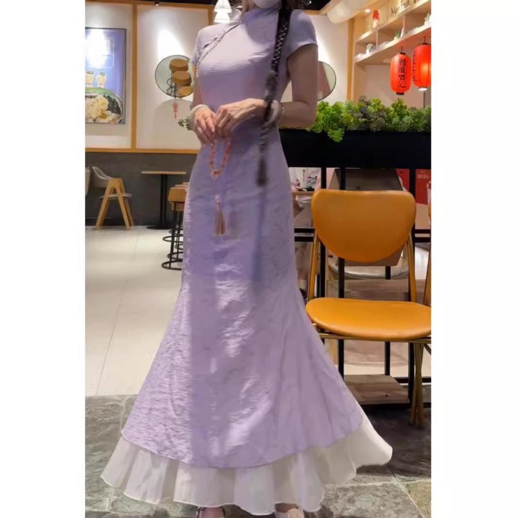 Retro Chinese Stand Collar Cheongsam: Step by Step Lotus Spliced Slimming Dress