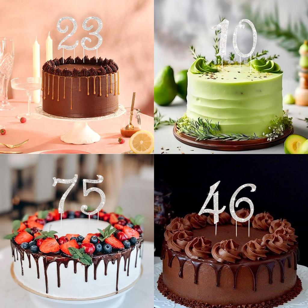 BEIDHIA Number Cake Topper 0-9,Silver Bling Rhinestone Happy Birthday Cake Topper for 10th 20th 30th 40th 50th 60th 70th 80th 90th Birthday Party