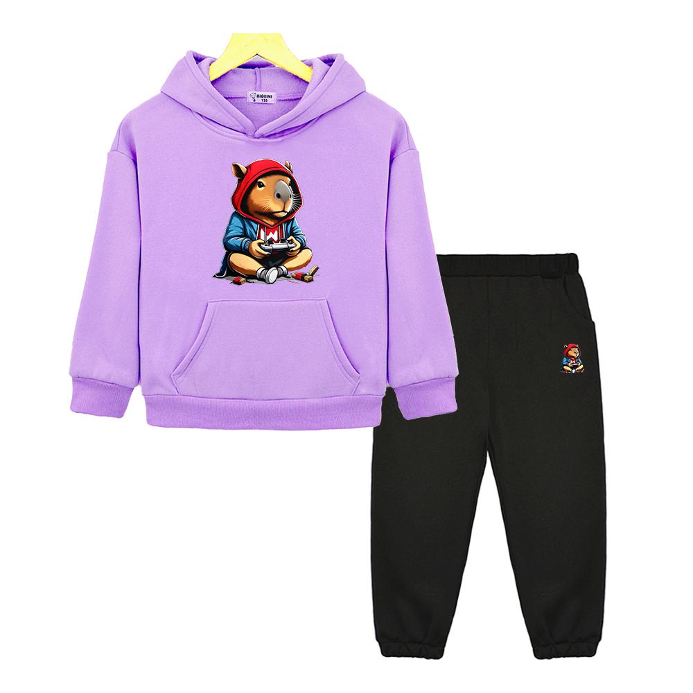 Boys Girls Hooded Spors Sets Capibara Print Hoodie Fleece Sweatshirt Cartoon Jacket 2pcs pullover+Pant  Kids Boutique Clothes