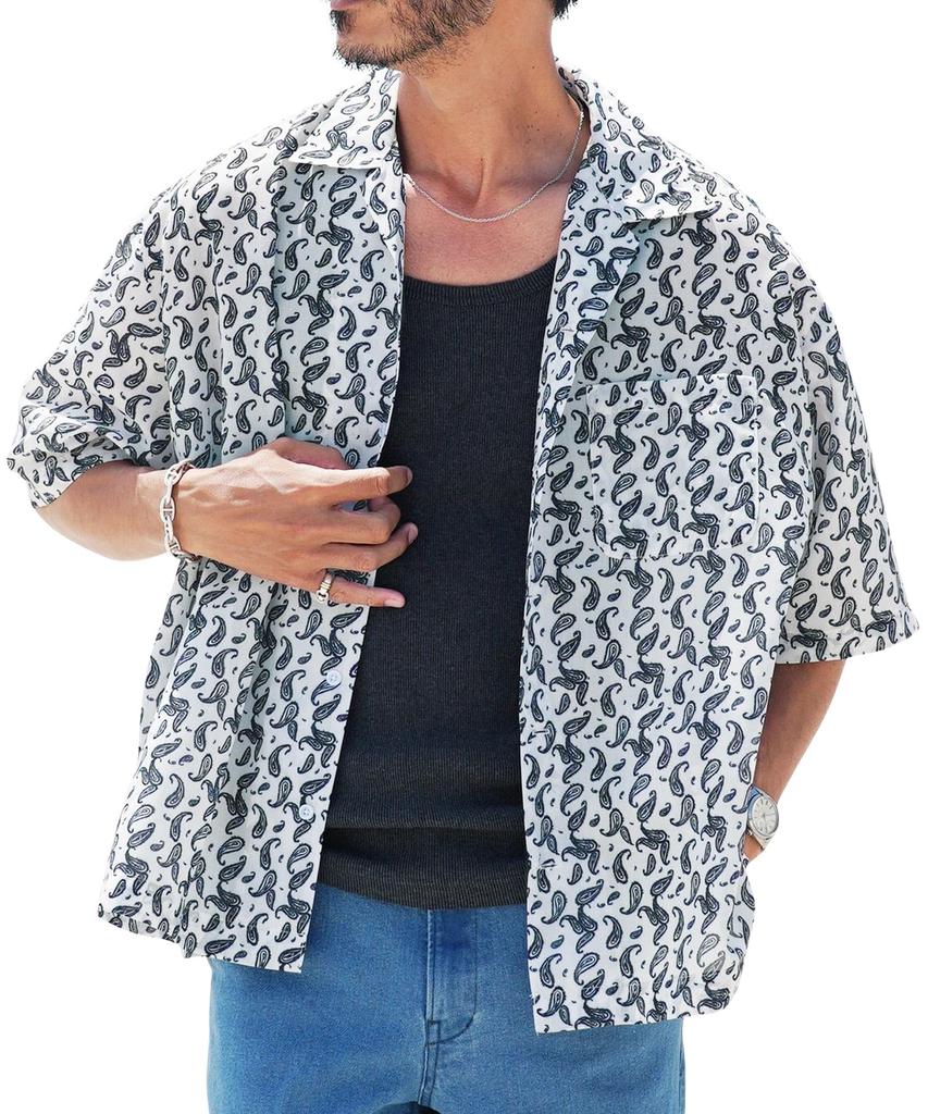 Vintage Print Open Collar Shirt Size White Open Oversized Breathable [JIGGYS SHOP] L, Paisley, Cool, Dry-Touch, Resort, Relaxed, Collar, Silhouette,