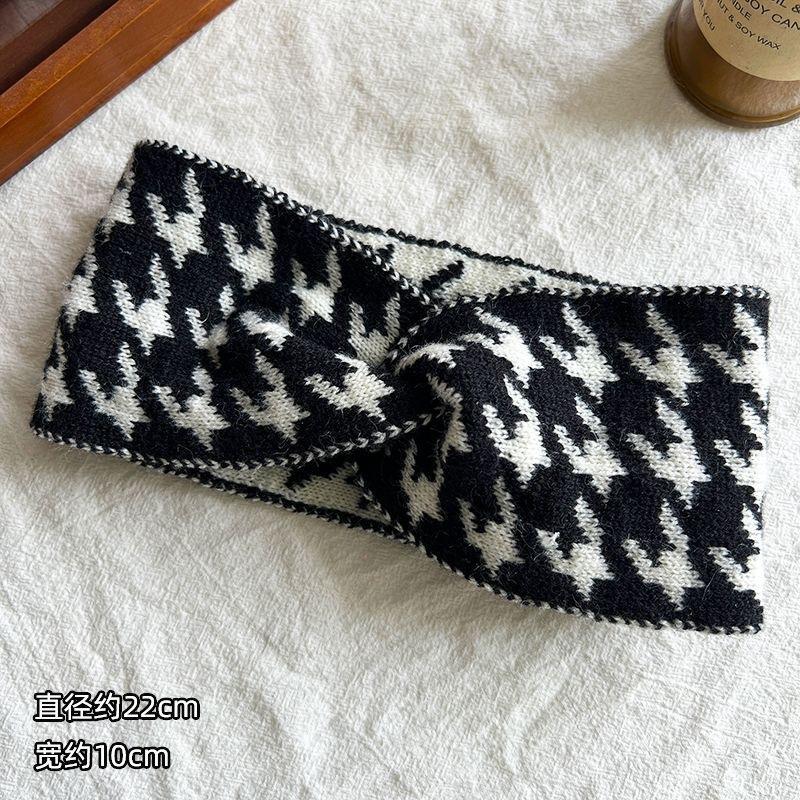 Articole pentru cap noi, banda de păr din lână cu grilă de o mie de păsări, batic de izolare pentru femei cu margini largi, bentită pentru ieșiri de toamnă și iarnă încrucișată