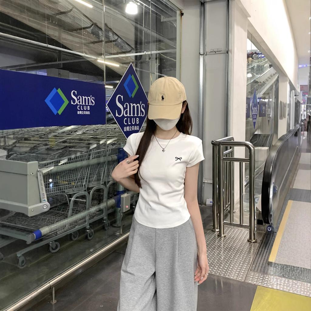 Korean Bow Embroidered Round Neck Short-sleeved T-shirt Summer New Slim-fitting and Thin Versatile Pleated Top Women