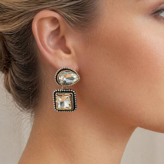 Fashion Women Rhinestone Geometry Earrings/Rings, Vintage Water Drop Earrings/Square Rings, Elegant Earrings/Rings for Women Party