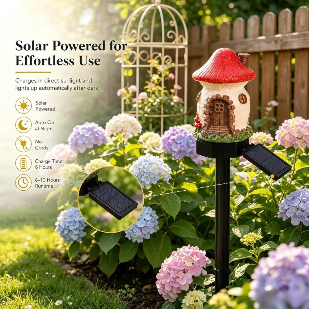 Solar Fairy Tale Mushroom House Lamp, Cottage Yard Garden Stake Light, Resin Mushroom House Ornament, Waterproof LED Mushroom House Statue Lamp