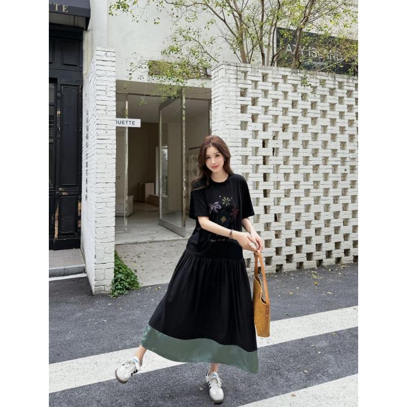 DIMANAF 2026 Plus Size New Dress Summer Women Lady Shirt Dress Floral Loose Beach Casual Long Dresses O-Neck Black