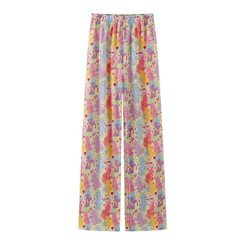 Pleated High-Waist Cartoon Print Summer Pants - Women's Loose Fit, Colorful Casual Style