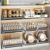 Pull-Out Bowl and Plate Storage Drawer with Drainage Tray Rustproof Metal Grid No-Drill Kitchen Cabinet Storage Organizer